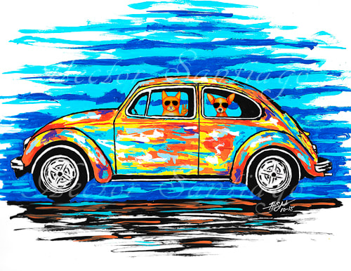 Hector Santiago's Art - VW Art - VW Beetle Art - Dog Art - Acrylics on Canvas