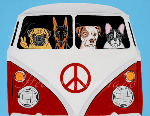 Hector Santiago's Art - VW Art - VW Bus Art - Dog Art - Acrylics on Canvas
