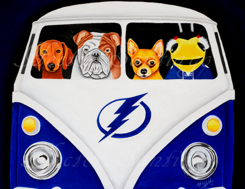 Hector Santiago's Art - VW Art - VW Bus Art - Dog Art - Tampa Bay Lightning Bus - Acrylics on Canvas
